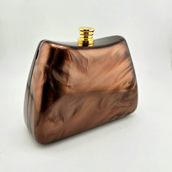 Vintage Brown Marbled Acrylic Box Clutch with Gold Chain Strap - Picture 4 of 16